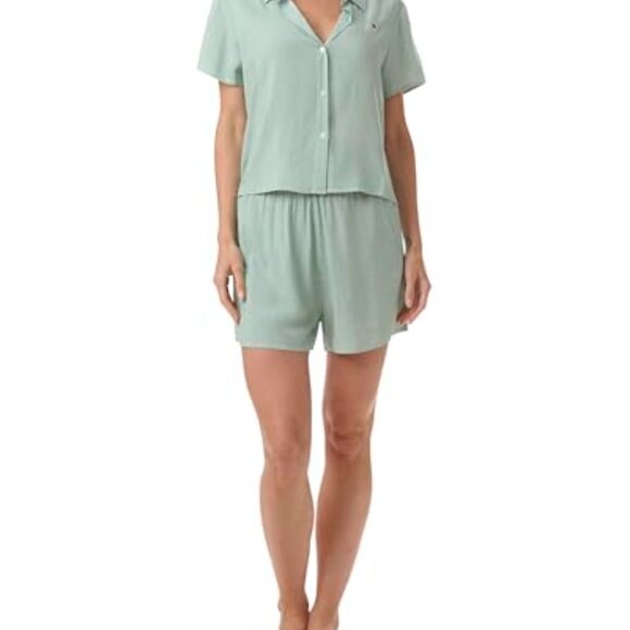 Boxy Crop Button Down Boxer Short Pajama Set Classic Chic Sleepwear - Picture 2 of 7